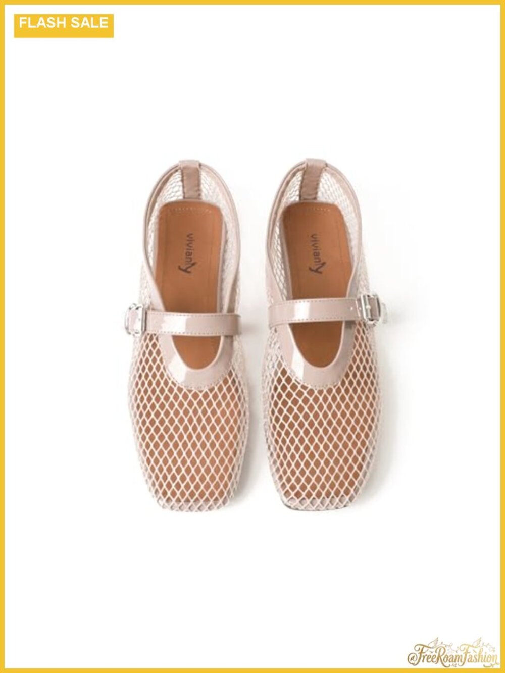 Ballet Flats Women Mesh Mary Jane Fishnet Slip-On Low Heel Round Toe